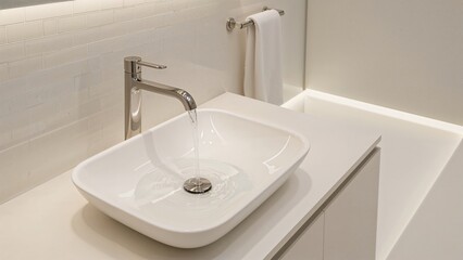 A stylish basin with faucet turned on in a bathroom setting