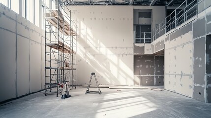 Detailed view of interior drywall installation in a commercial building, showcasing scaffolding and tools for a realistic perspective.
