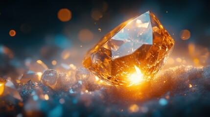 Sparkling amber gemstone on a glittering surface