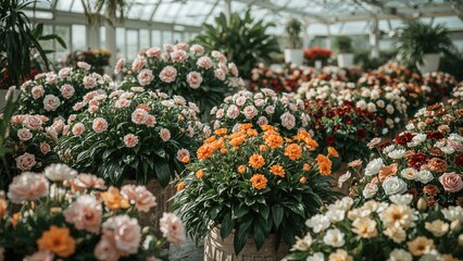 Assorted vibrant potted flowers presented in a greenhouse, available to buy.