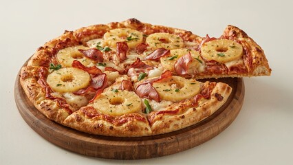 Delicious pizza topped with pineapple slices and cured ham on a crunchy baked crust, served in slices on a wooden platter up close