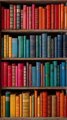 Naklejka premium A Vividly Varnished Bibliotheca: A Kaleidoscope of Knowledge and Stories Arranged on a Bookshelf Full of Colorful Books