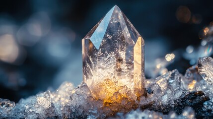 Sparkling crystal formation on a bed of minerals