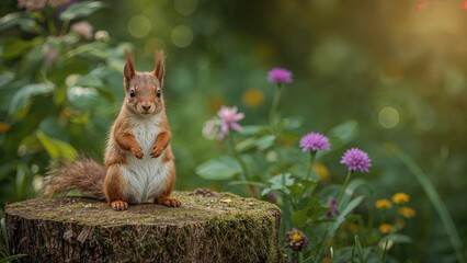 Young scarlet squirrel in a lush garden setting