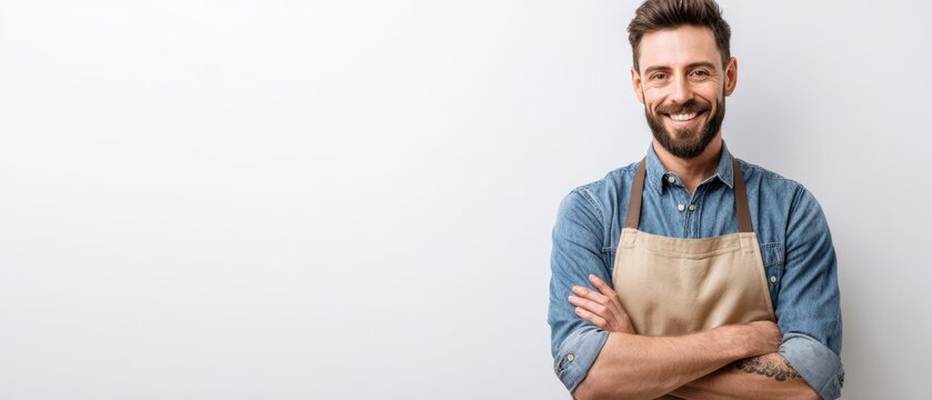 The smiling man in an apron exuding confidence and warmth.