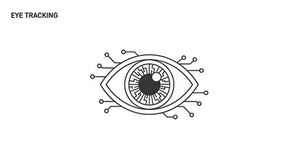 Eye tracking technology illustration with circuit board design in black and white style