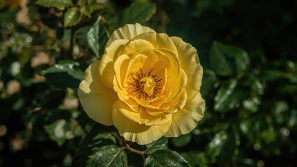 Yellow rose in full bloom among greenery