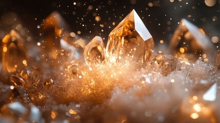 Sparkling crystals emerging from golden sand backdrop