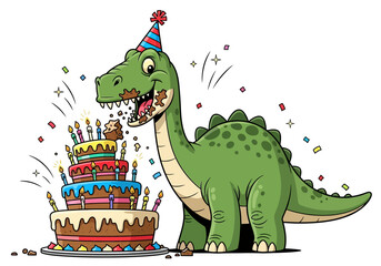 Fototapeta premium Cute Dinosaur Birthday Party Illustration with Cake and Confetti