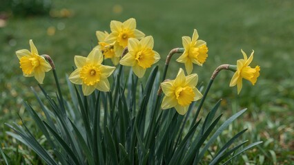 Obraz premium Bright yellow daffodils flourishing in the garden