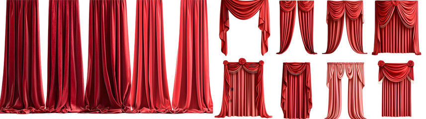 Setcollection of long, velvet, red curtains. Luxurious curtains for decorating a stage in a theater or cinema isolated on a transparent