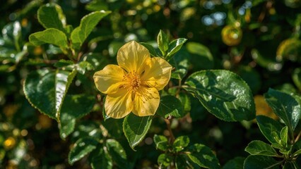 Obraz premium Bright yellow Pereskia bleo bloom accompanied by green leaves on a tree