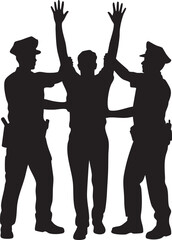 Silhouette of Police Officers Arresting Suspect with Raised Hands, Transparent Background.