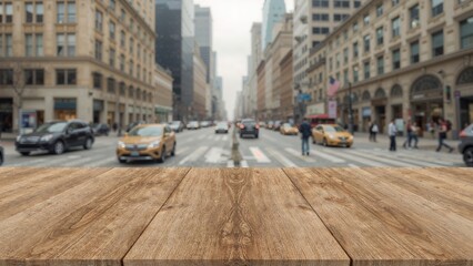 Obraz premium Rustic wood table set against a hazy cityscape, perfect for highlighting merchandise.