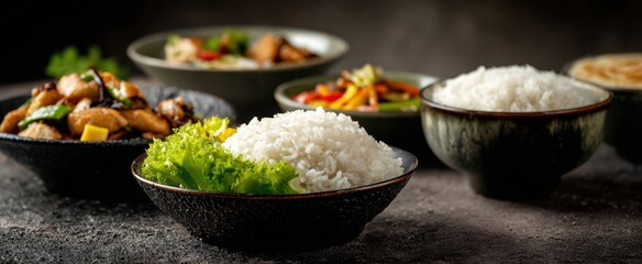The delicious assortment of rice dishes elegantly arranged on a dining table.