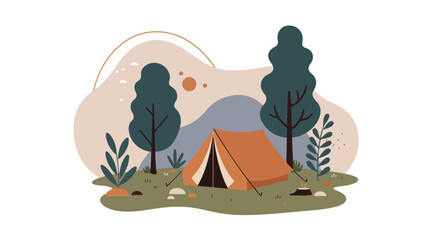 Camping tent in forest; trees & campfire in background. Ideal for travel ads
