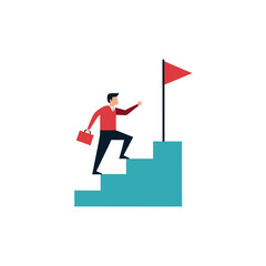 Businessman climbing stairs towards a red flag representing success