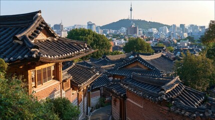 Obraz premium Traditional Korean architecture overlooking a cityscape.