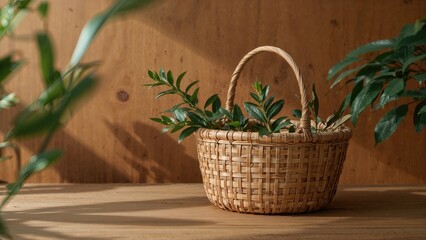 Organic Wood Panel with Agricultural Items and Vibrant Foliage