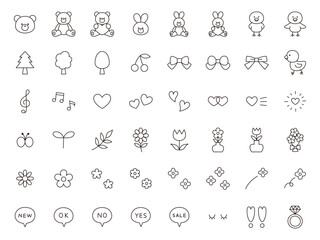 かわいいアイコンセットのベクターイラスト。飾り、ハート、くま、うさぎ、ひよこ、リボン © chie