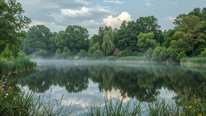 Fototapeta premium Calm lake encompassed by rich foliage