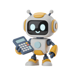 Friendly robot assistant calculating with a modern calculator, perfect for tech and finance concepts.