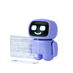 Fototapeta premium Friendly robot learning about intelligence with glowing screen displaying code and text