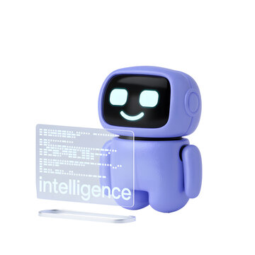 Friendly robot learning about intelligence with glowing screen displaying code and text