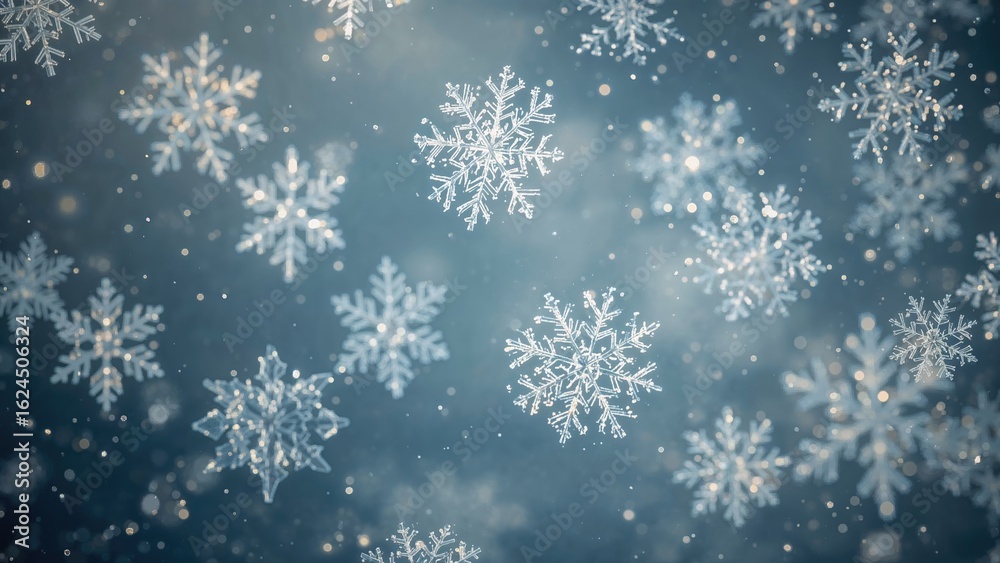 Wall mural isolated snowflake design on a snowy backdrop, winter nature abstract with light and space elements