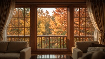 Obraz premium Looking through a window at a fall landscape with leafy trees