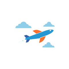 Fototapeta premium Blue and orange airplane soaring through fluffy clouds