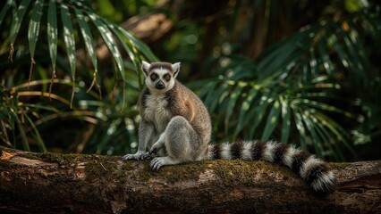 Wildlife imagery - ring-tailed lemur seated on natural wood surface