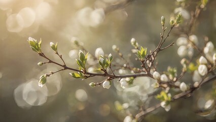 Fototapeta premium Tender Green Leaves Unfold on a Wild Rose Bush Amidst Blurred Background