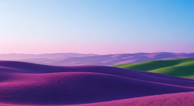 Rolling hills covered in vibrant purple lavender fields under a soft pink and blue sky at sunrise