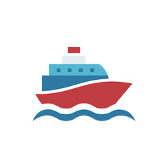 Obraz premium Stylized red and blue ship sailing on blue waves
