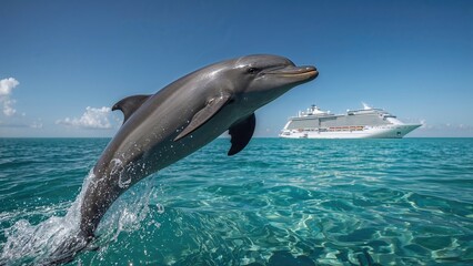 Fototapeta premium A wild dolphin leaps in the sea with a ship cruising in the distance.