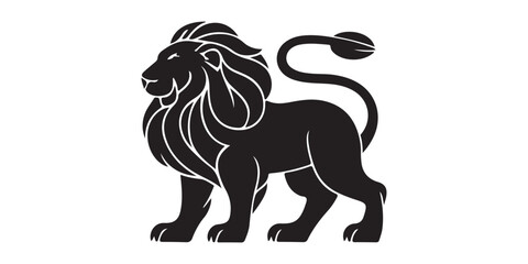 Fototapeta premium A black silhouette of a lion standing with its tail curled on a white background design element