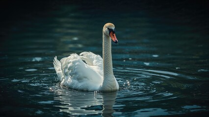 Naklejka premium Elegant white swan resting on still water