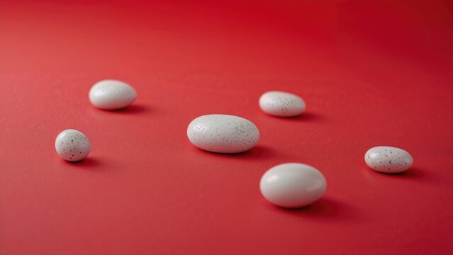 Studio shot of white stones placed against a bold red surface, highlighting artistic photography.