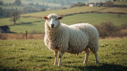 Single white sheep resting on grassy land
