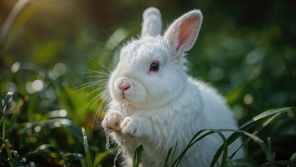 Obraz premium Snowy rabbit cleansing face and paws