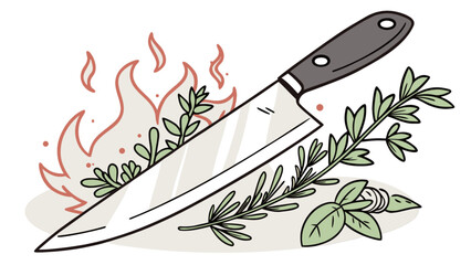 Chef knife culinary herbs and fire illustration for cooking blog or recipe website design template asset