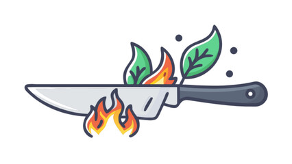 Chef knife cooking with fire and fresh herbs vector illustration for culinary design and food blog 100