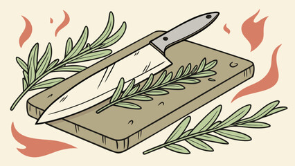 Chef knife and rosemary sprigs on cutting board illustration for culinary arts and cooking themes art design