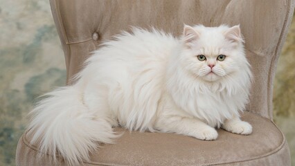 Chair occupied by a white Persian fluffy cat