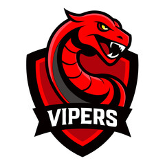 Red Snake Coiled Around Shield with Gothic “Vipers” Text and Glowing Eyes