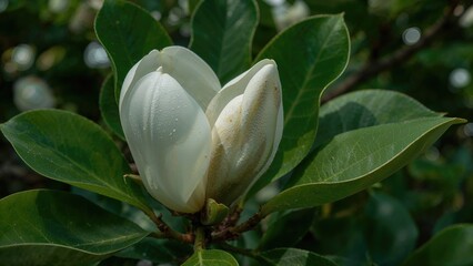 White bloom and magnolia bud in close proximity against a backdrop of green leaves