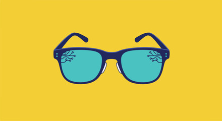 Glasses illustration show a circuit board on the lenses on a yellow background