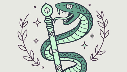 Snake caduceus vector illustration of medical symbol with leaves and stars design concept drawing