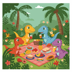  A group of cute  colorful velociraptors having a picnic with fruits and sandwiches  flat vector style  tropical forest background yM3_traced